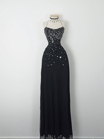 Retro A Line Spaghetti Strap Black Sequin Chiffon Evening Dress Party Dress HZ1023